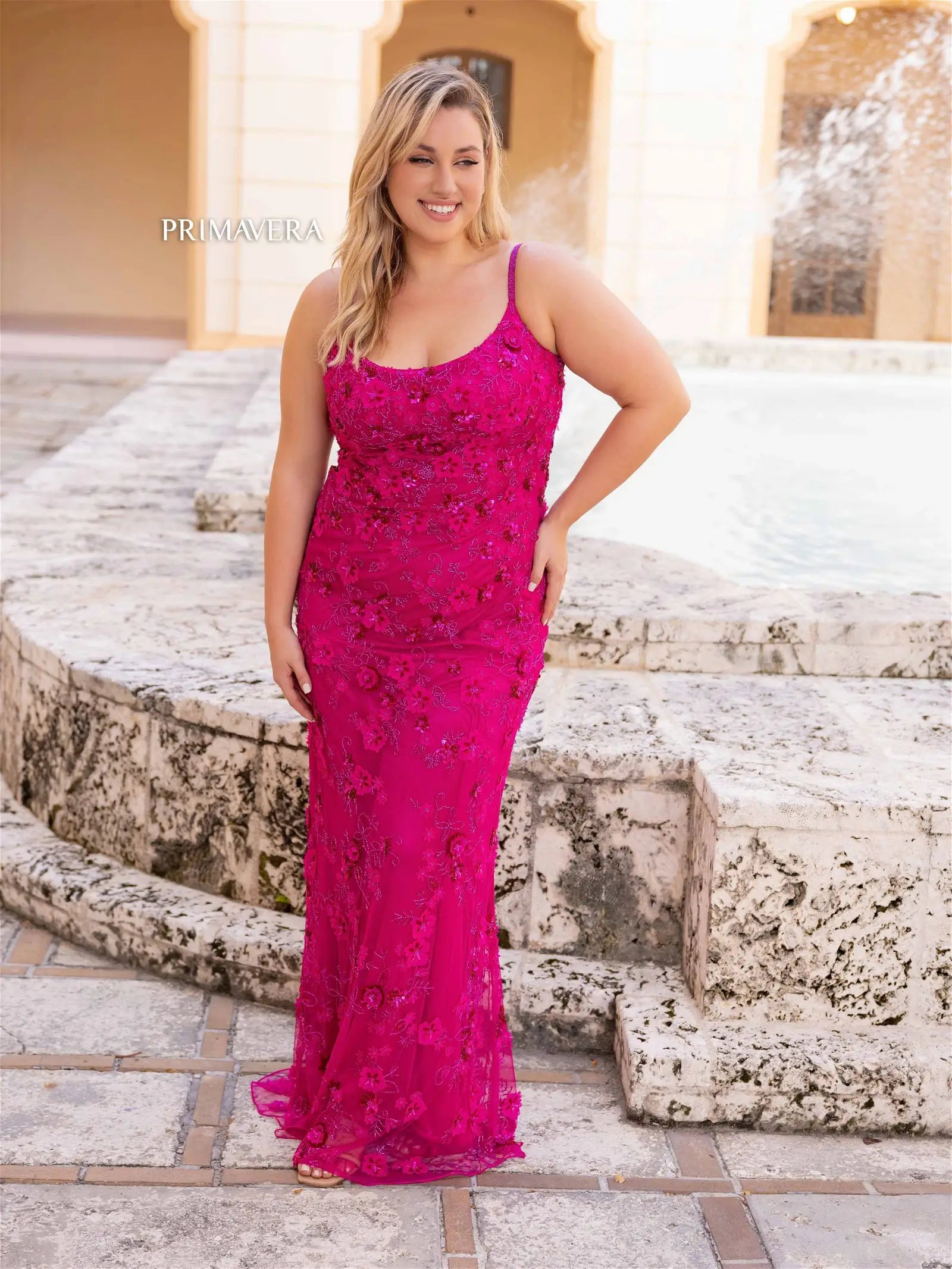 Primavera Couture 14050 Long Prom Dress Plus Size Corset Beaded Fitted Formal Gown 16W / Fushia