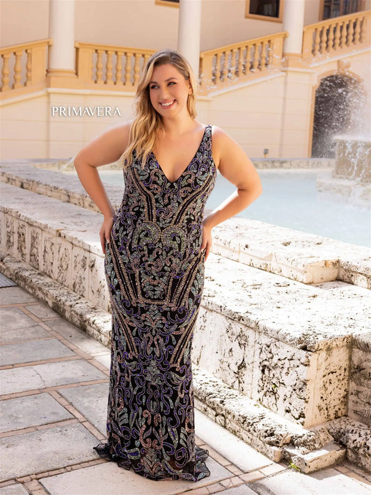 Elevate your evening gown game with the stunning Primavera Couture 14053. This long prom dress features a flattering V-neckline, figure-hugging sequin design, and a fitted silhouette for a glamorous and sophisticated look. Perfect for any formal event, this plus size gown will make you feel confident and beautiful.