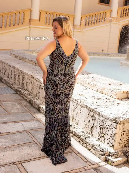 Primavera Couture 14053 Long Prom Dress Plus Size V Neck Sequin Fitted Formal Gown 18W / Orange