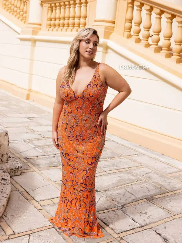 Primavera Couture 14053 Long Prom Dress Plus Size V Neck Sequin Fitted Formal Gown 18w / Orange Primavera Couture 14053 Long Prom Dress Plus Size V Neck Sequin Fitted Formal Gown 18w / Orange