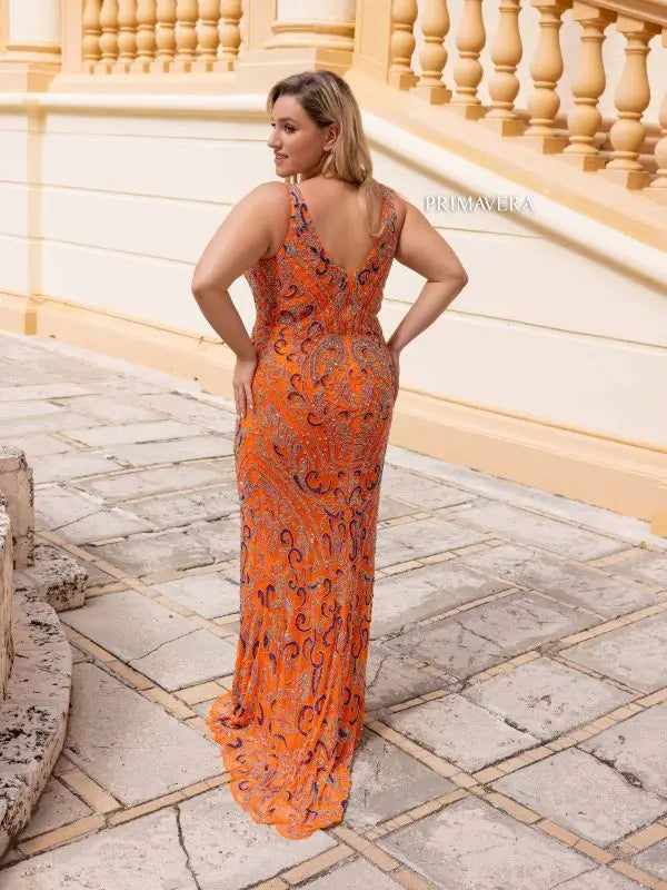 Primavera Couture 14053 Long Prom Dress Plus Size V Neck Sequin Fitted Formal Gown 18W / Orange Primavera Couture 14053 Long Prom Dress Plus Size V Neck Sequin Fitted Formal Gown 18W / Orange