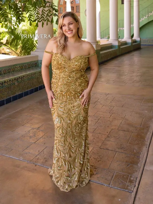 Primavera Couture 14054 Long Prom Dress Plus Size Corset Sequin Fitted Off Shoulder Formal Gown 16W / Gold