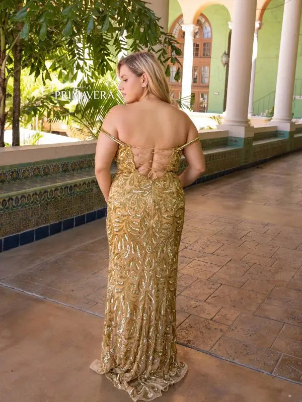 This Primavera Couture 14054 Long Prom Dress is designed for a flattering fit with its off-shoulder corset bodice and sequin embellishments. The plus size option allows for a perfect fit, making it a top choice for formal events. Look and feel stunning in this elegant and sophisticated gown.