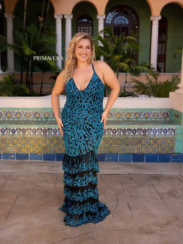 Primavera Couture 14055 Long Prom Dress Plus Size V Neck Sequin Lower Layered Ruffle Formal Gown 14W / Midnight