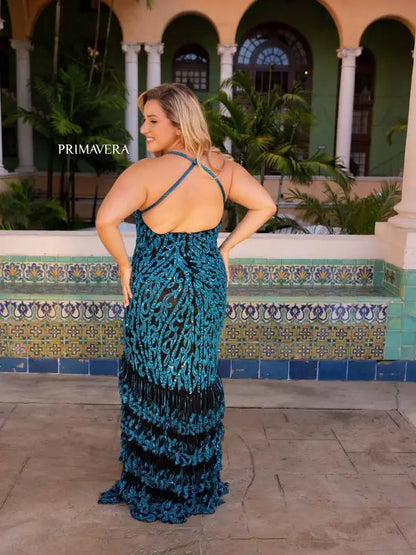 Primavera Couture 14055 Long Prom Dress Plus Size V Neck Sequin Lower Layered Ruffle Formal Gown 14W / Midnight Primavera Couture 14055 Long Prom Dress Plus Size V Neck Sequin Lower Layered Ruffle Formal Gown 14W / Midnight
