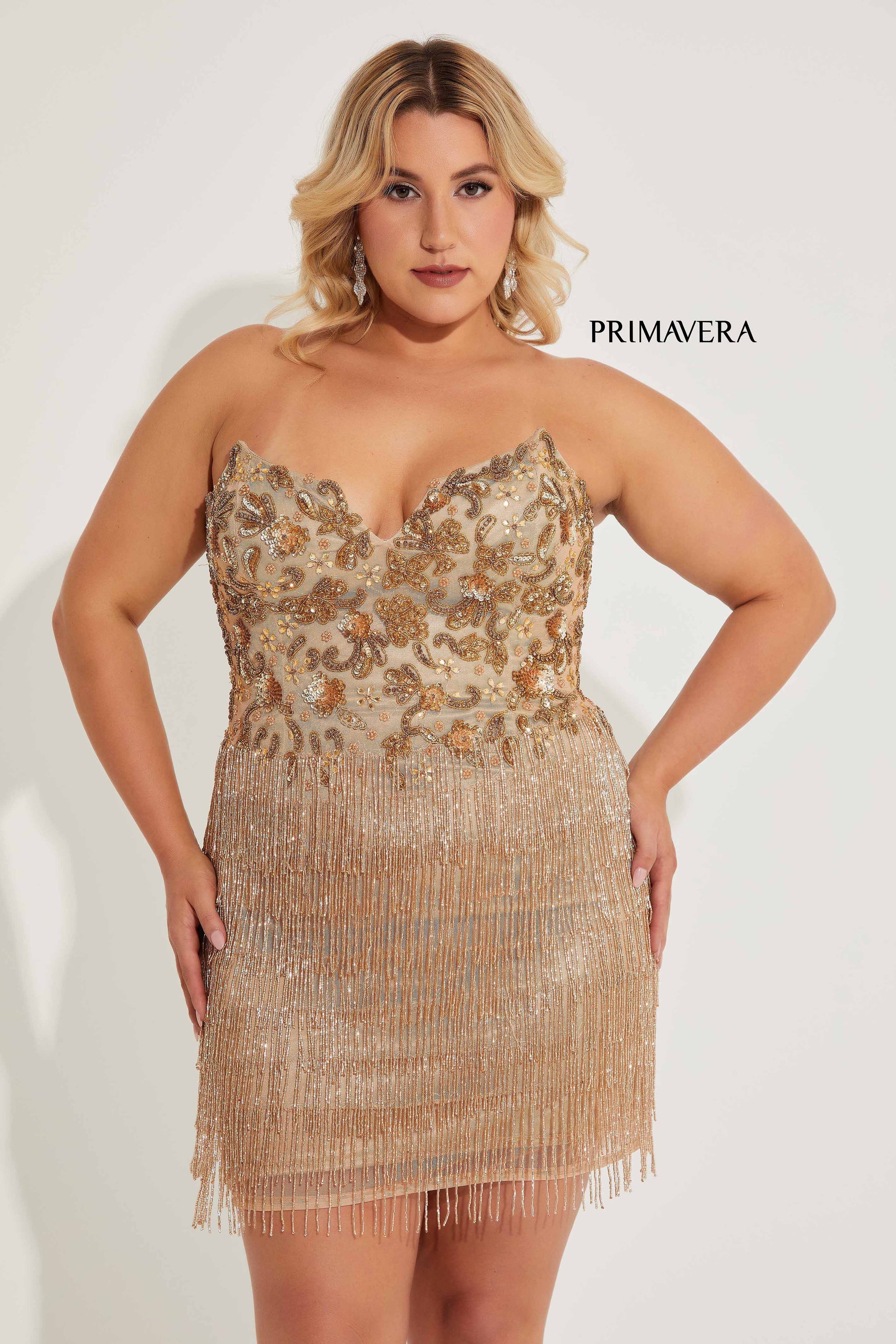 Primavera Couture 16069 Nude Cocktail Dress Fringe Skirt Plus Sized Nude / 20 Primavera Couture 16069 Nude Cocktail Dress Fringe Skirt Plus Sized Nude / 20