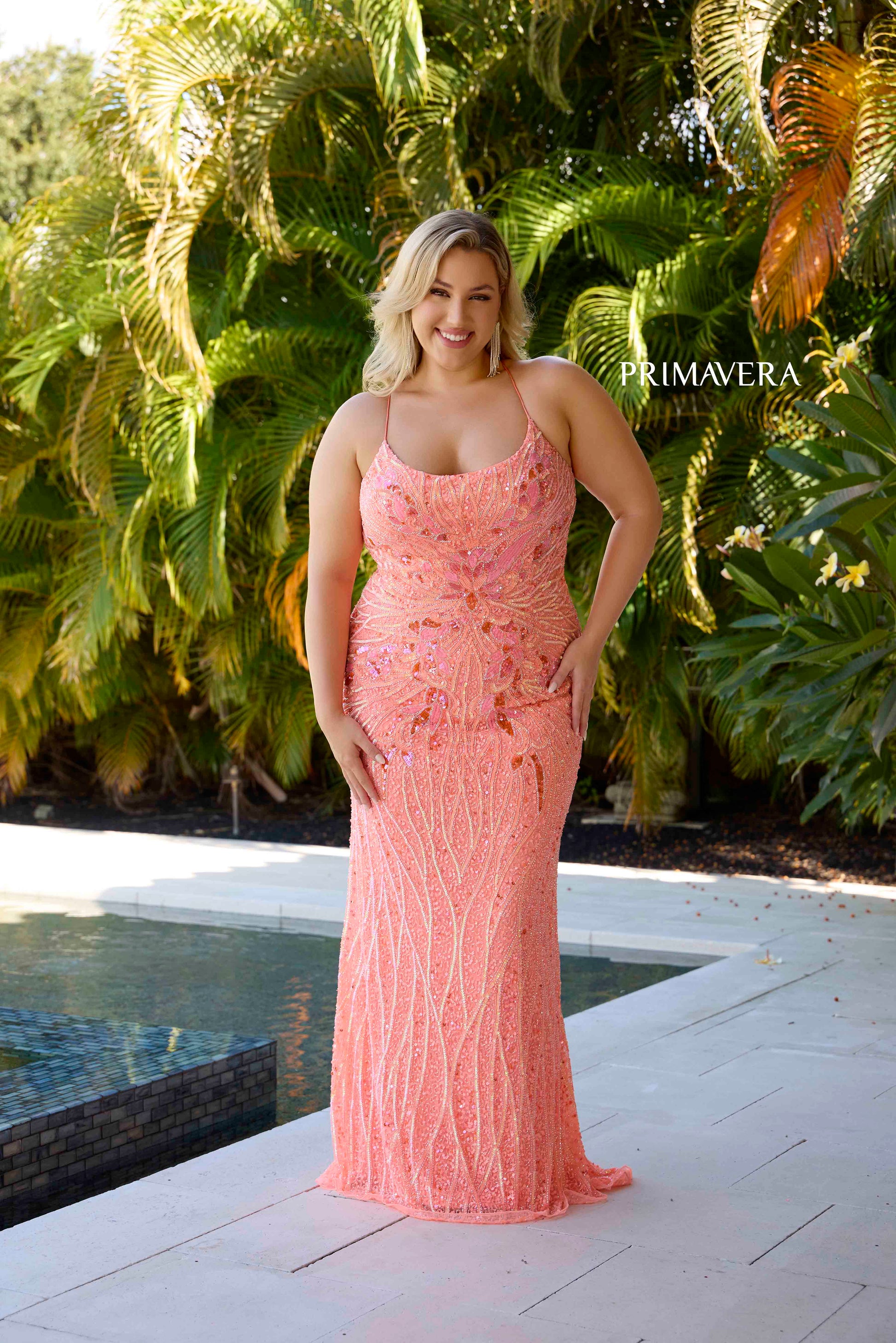 Primavera 14072 Plus Size Sequin Beaded Prom Dress Corset Back Formal Pageant Gown 22 / Coral Primavera 14072 Plus Size Sequin Beaded Prom Dress Corset Back Formal Pageant Gown 22 / Coral