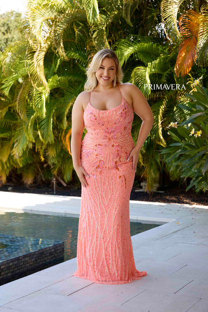 Primavera 14072 Plus Size Sequin Beaded Prom Dress Corset Back Formal Pageant Gown 22 / Coral Primavera 14072 Plus Size Sequin Beaded Prom Dress Corset Back Formal Pageant Gown 22 / Coral