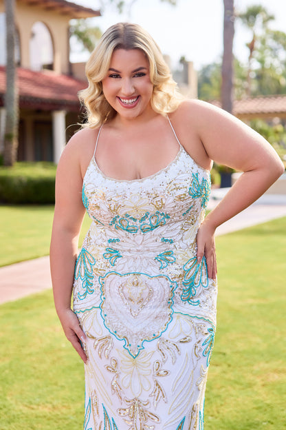 This plus size prom dress by Primavera Couture features a beaded design and corset scoop neck, making it a perfect choice for any formal occasion. The curvy silhouette will flatter your body and make you feel confident all night long.

Sizes: 14W-24W

Colors: Apple Green, Black, Black/Green, Grape, Ivory, Ivory/Teal