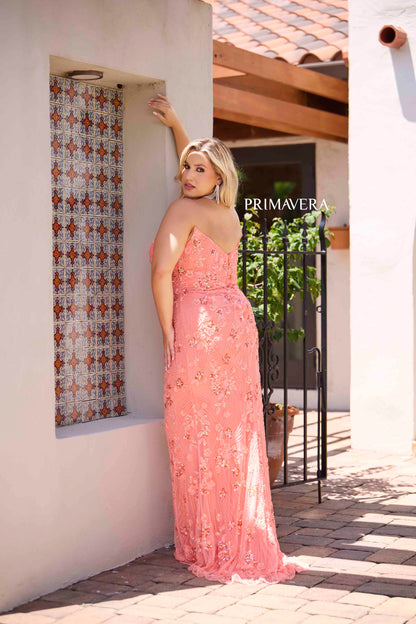 Primavera Couture 14080 Size 24 Coral Fitted Sequin Plus Size Prom Dress V Neck Formal Gown Strapless Primavera Couture 14080 Size 24 Coral Fitted Sequin Plus Size Prom Dress V Neck Formal Gown Strapless