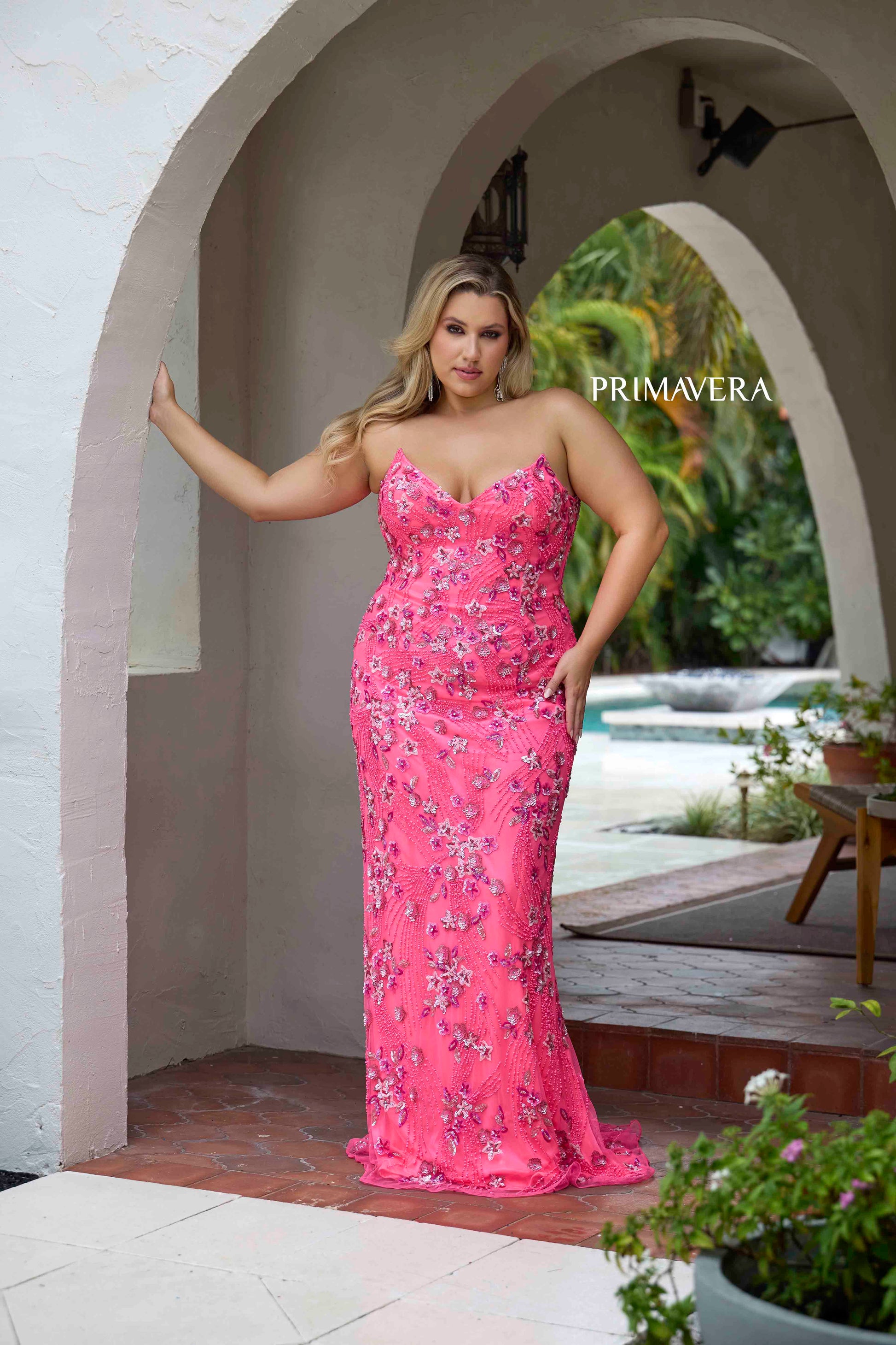 Primavera Couture 14080 Size 20 Neon Pink Sequin Plus Size Prom Dress V Neck Formal Gown Strapless Primavera Couture 14080 Size 20 Neon Pink Sequin Plus Size Prom Dress V Neck Formal Gown Strapless