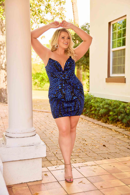 The Primavera Couture 14099 short plus-size homecoming dress combines elegance with comfort through its expertly crafted beaded sequin design. Featuring a strapless, V-neck silhouette with a corset back, this formal cocktail gown offers both support and a flattering fit. Ideal for homecoming or special occasions, its sparkling embellishments ensure you stand out, while the short length provides ease of movement and a modern touch to classic formalwear.

Sizes: 14W-24W

Colors: Black/Fuchsia, Black/Gold, Bla