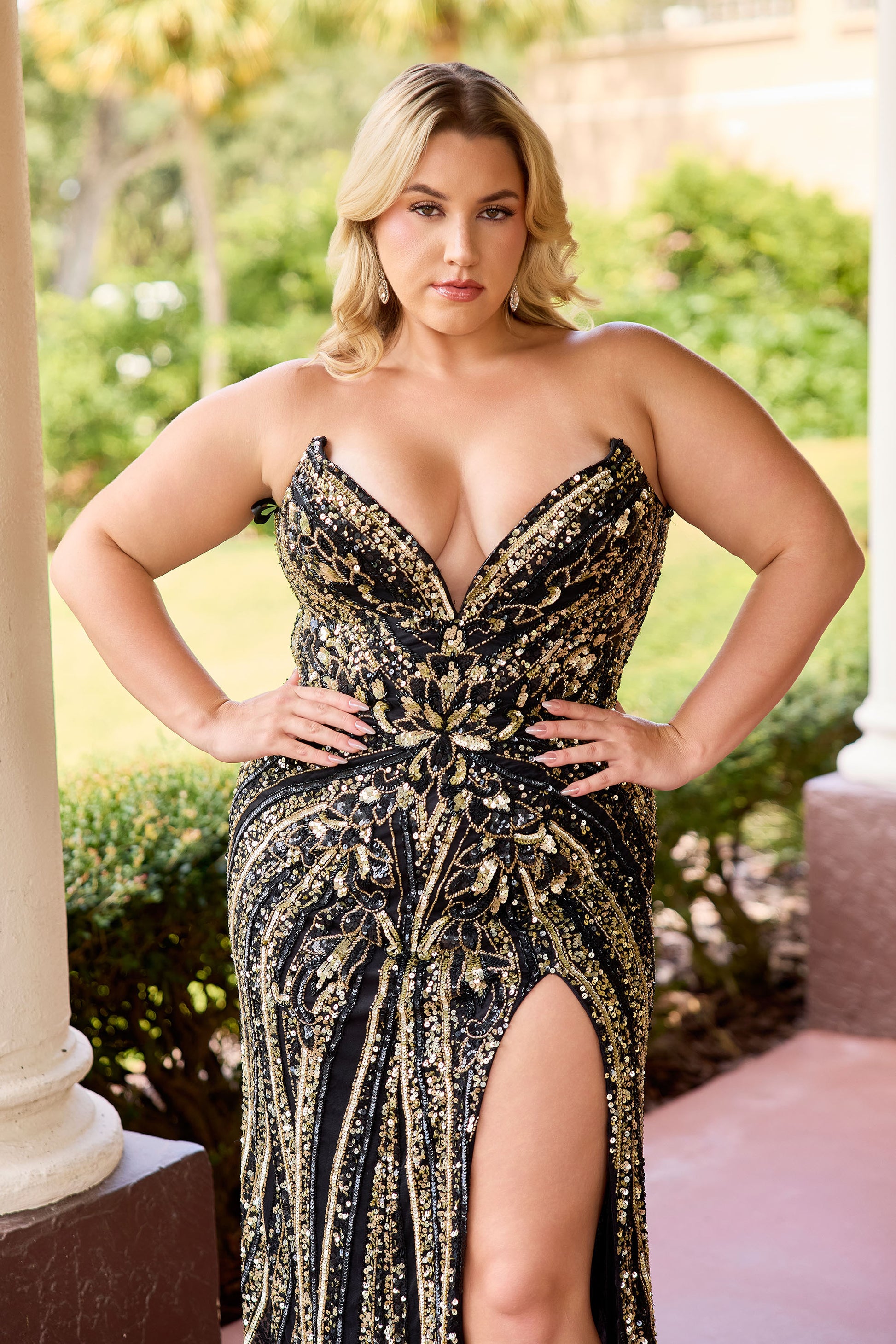 Primavera Couture 14103 Curvy Prom Dress Corset Sequins Black/Gold / 24W Primavera Couture 14103 Curvy Prom Dress Corset Sequins Black/Gold / 24W