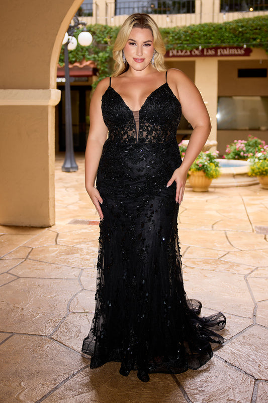 Primavera Couture 14106 Plus Sized Prom Dress V Neckline Corset Sequins