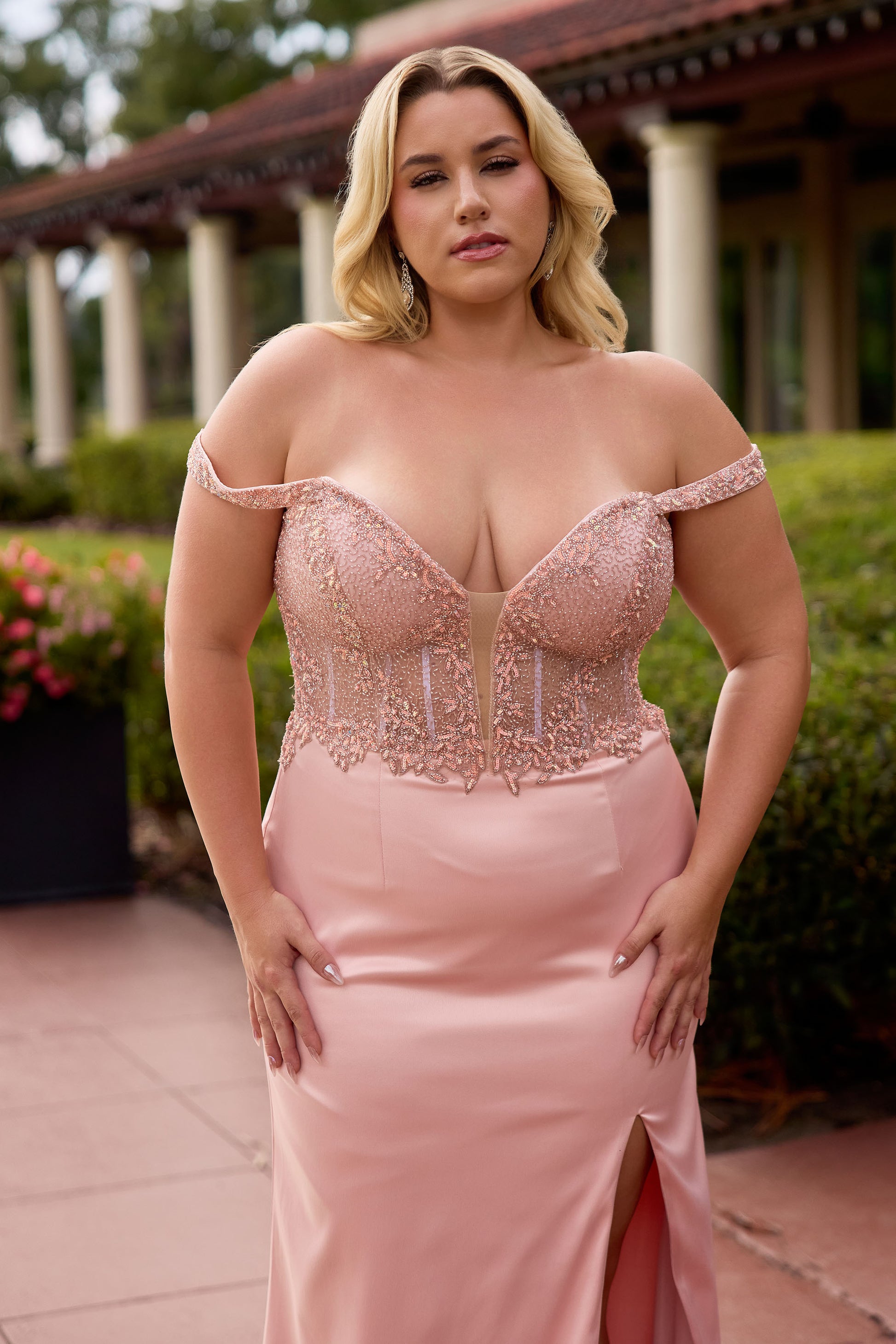 Primavera Couture 14107 Curvy Prom Dress Off the Shoulder Lace Satin Red / 20W Primavera Couture 14107 Curvy Prom Dress Off the Shoulder Lace Satin Red / 20W