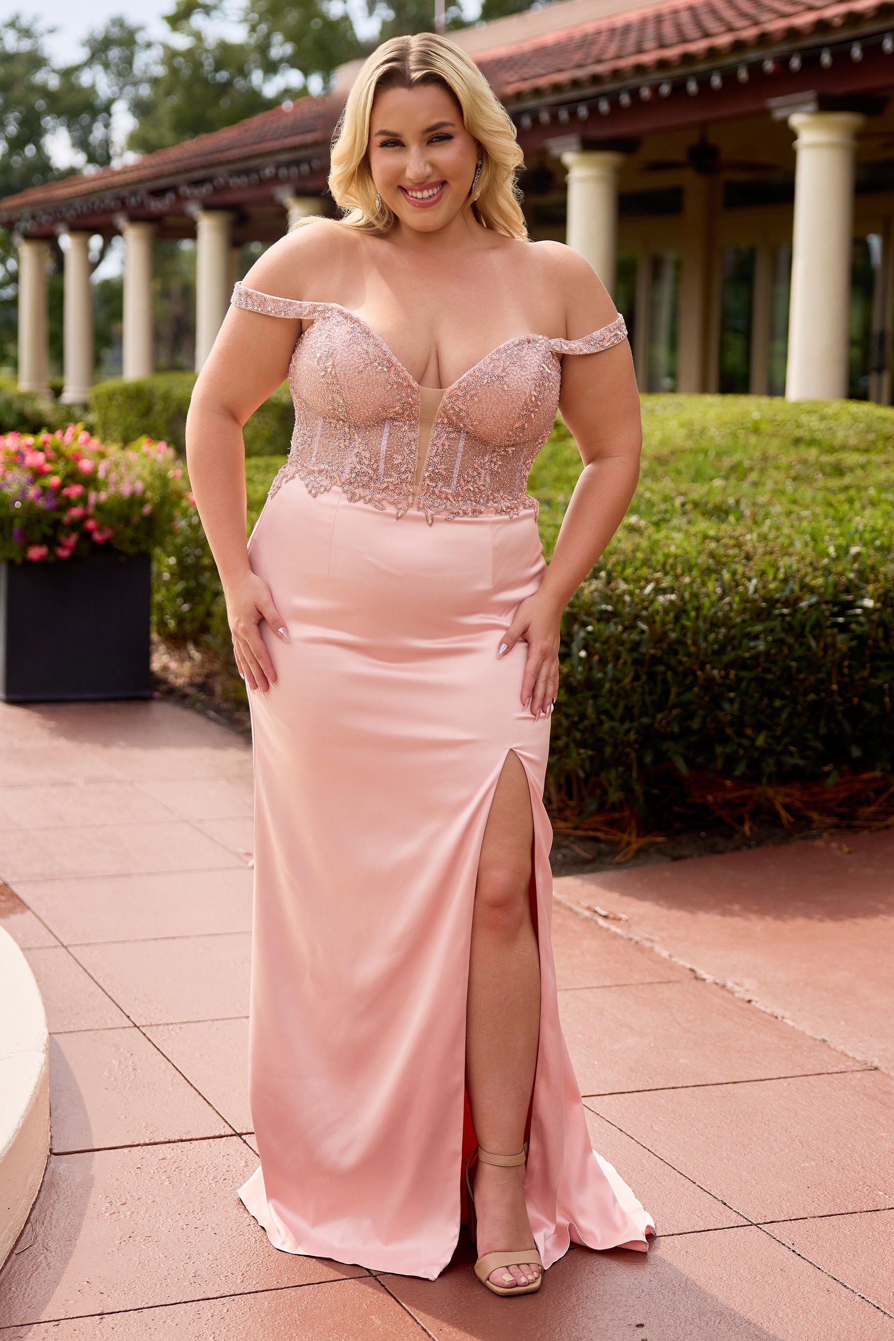 Primavera Couture 14107 Curvy Prom Dress Off the Shoulder Lace Satin Rose gold / 20W Primavera Couture 14107 Curvy Prom Dress Off the Shoulder Lace Satin Rose gold / 20W