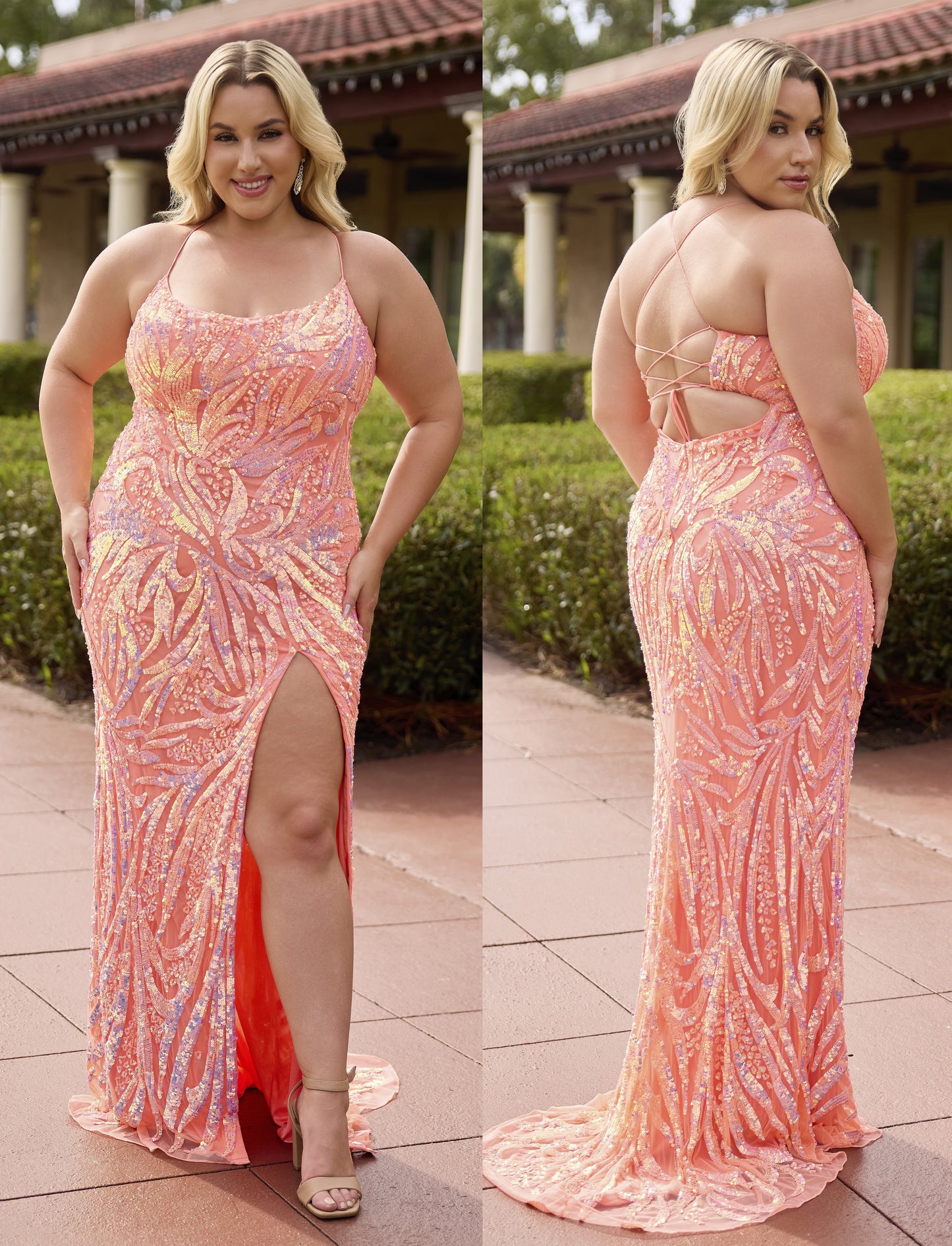 Primavera Couture 14108 Curvy Prom Dress Scoop Neckline Corset Back Slit