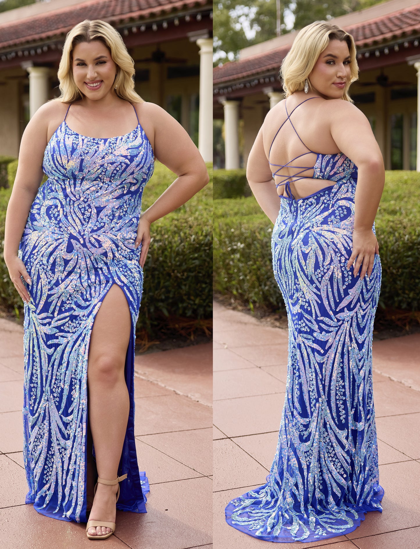 Primavera Couture 14108 Curvy Prom Dress Scoop Neckline Corset Back Slit