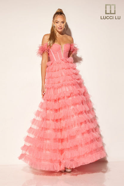 With its luxurious layer tulle A-line skirt and sheer corset bodice, the Lucci Lu 1410 prom dress exudes elegant sophistication. The feather off-the-shoulder neckline adds a touch of glamour, making it the perfect gown for any formal event. Elevate your style and make a statement with this exquisite dress.

Sizes: 0-20

Color: Coral
