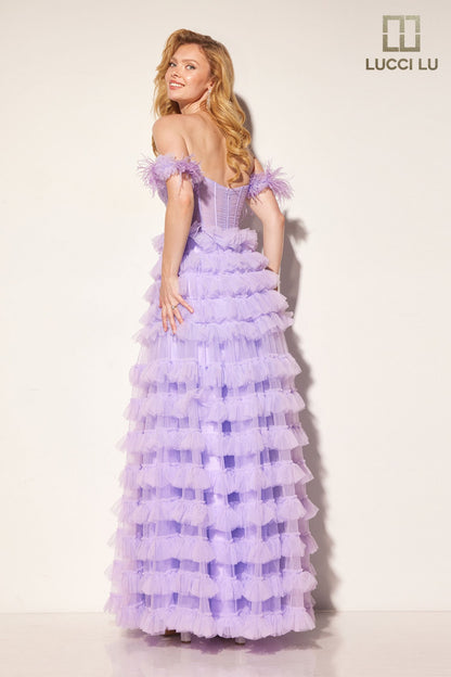 Lucci Lu 1410 Layer Tulle A Line Sheer Corset Prom Dress Feather Off the Shoulder Formal Gown