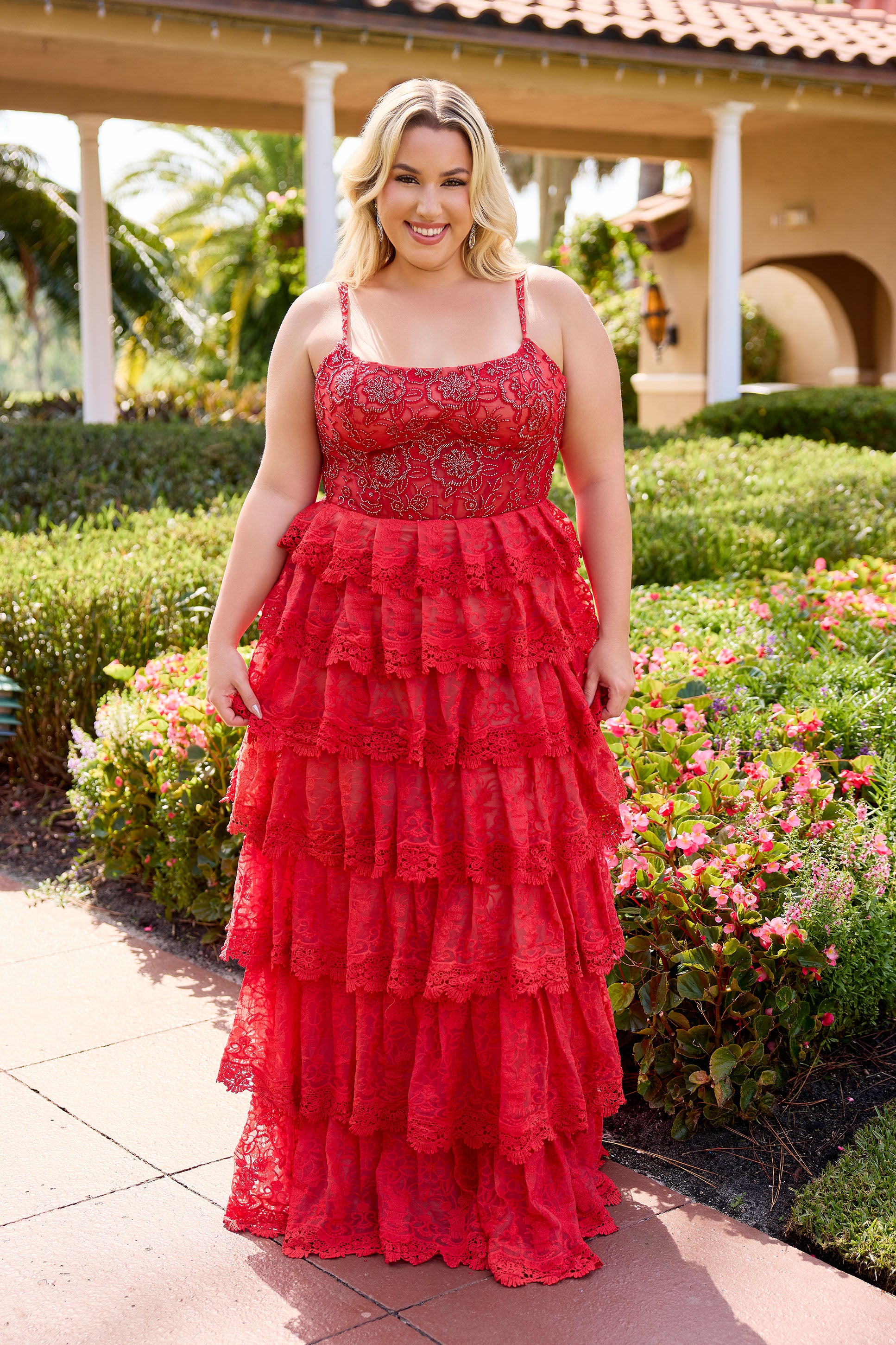 Primavera Couture 14110 Ruffle Layer Prom Dress Lace Gown Red/Nude / 20W