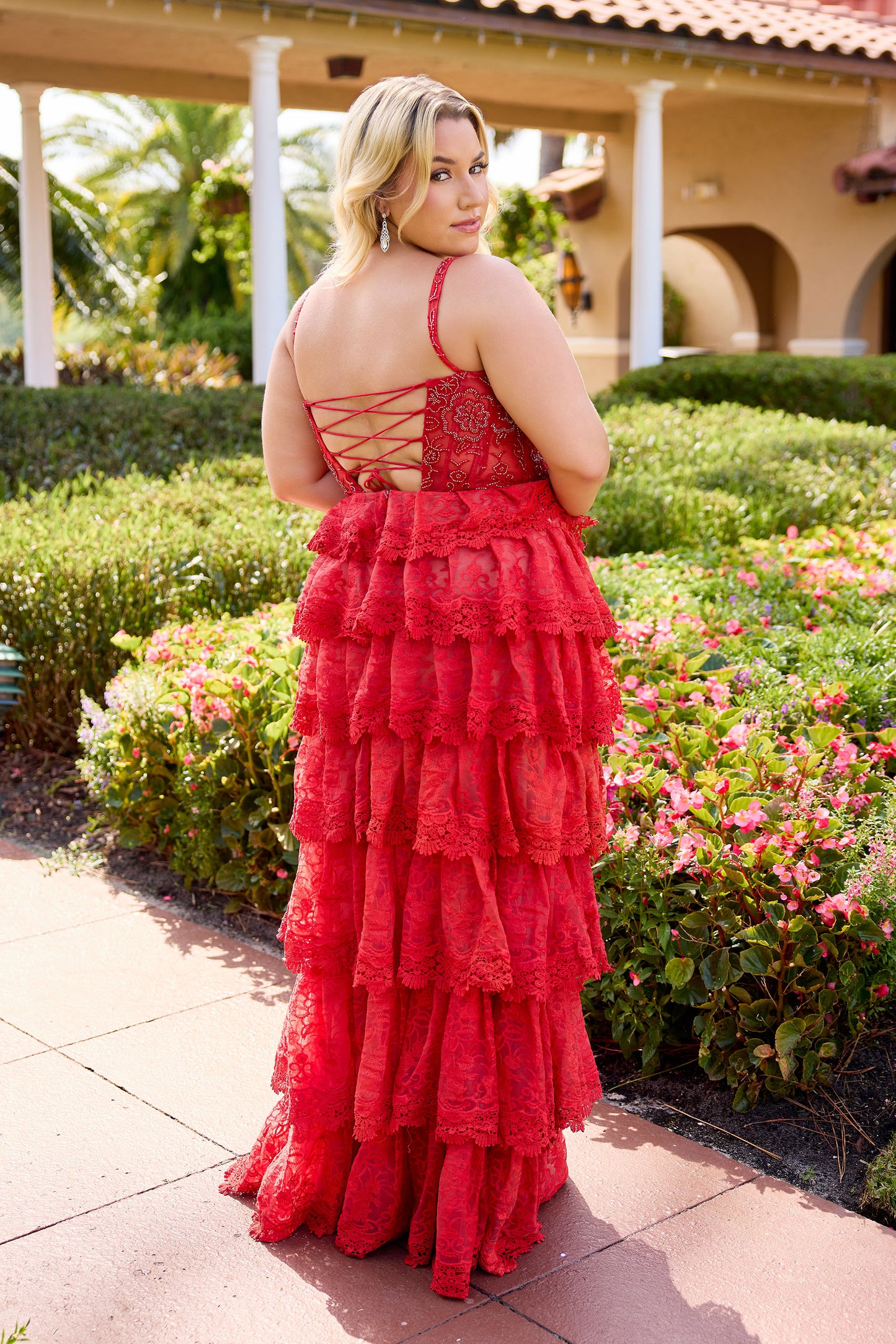 Primavera Couture 14110 Ruffled Layers Dress Curvy Lace Scoop Neckline Long Gown