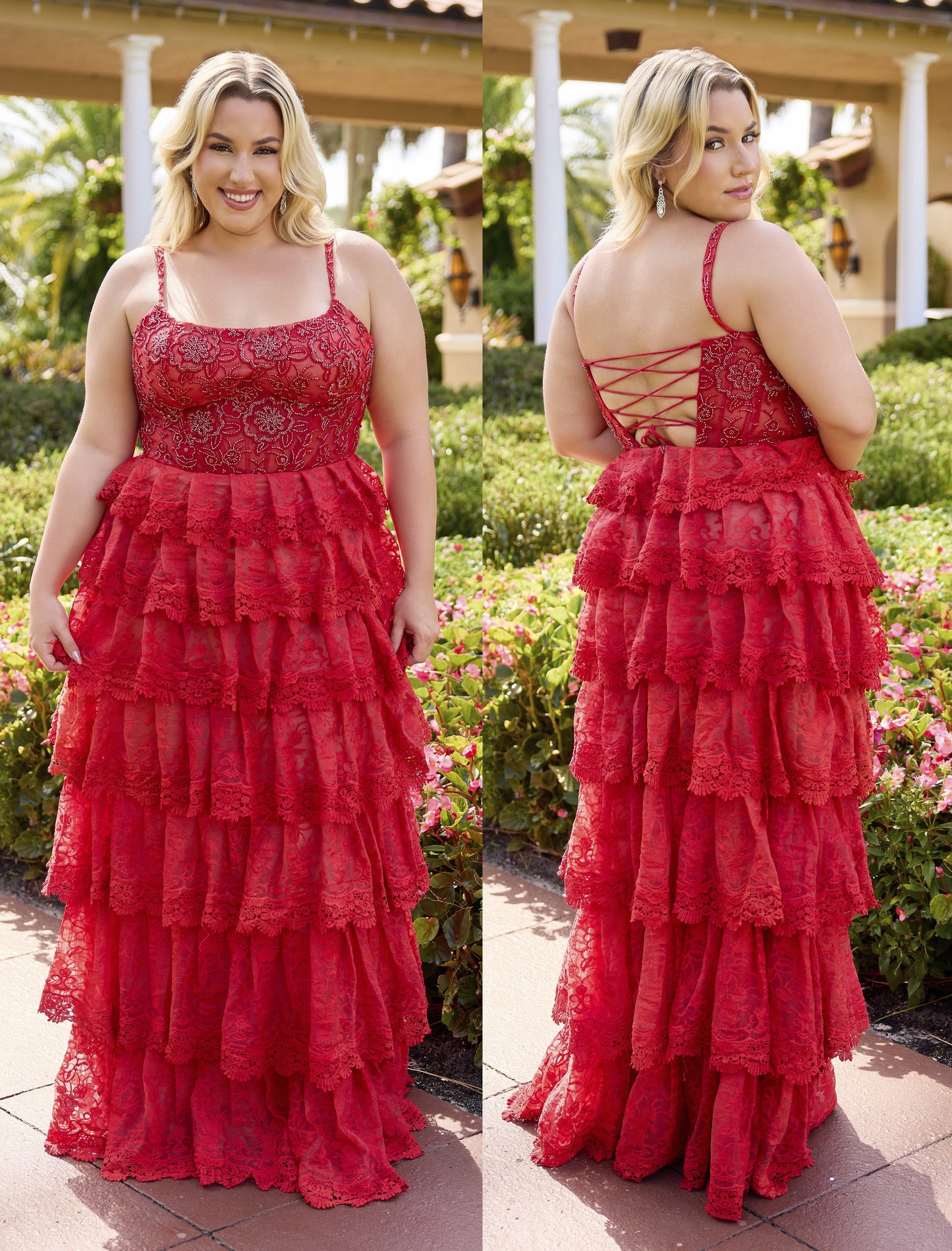 Primavera Couture 14110 Ruffled Layers Dress Curvy Lace Scoop Neckline Long Gown