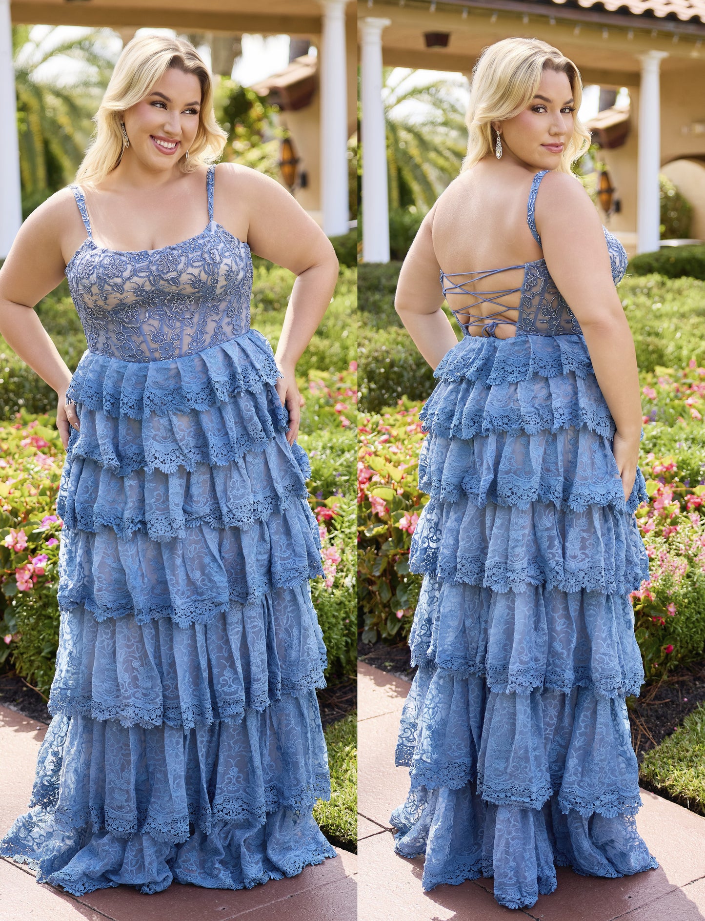 Primavera Couture 14110 Ruffled Layers Dress Curvy Lace Scoop Neckline Long Gown