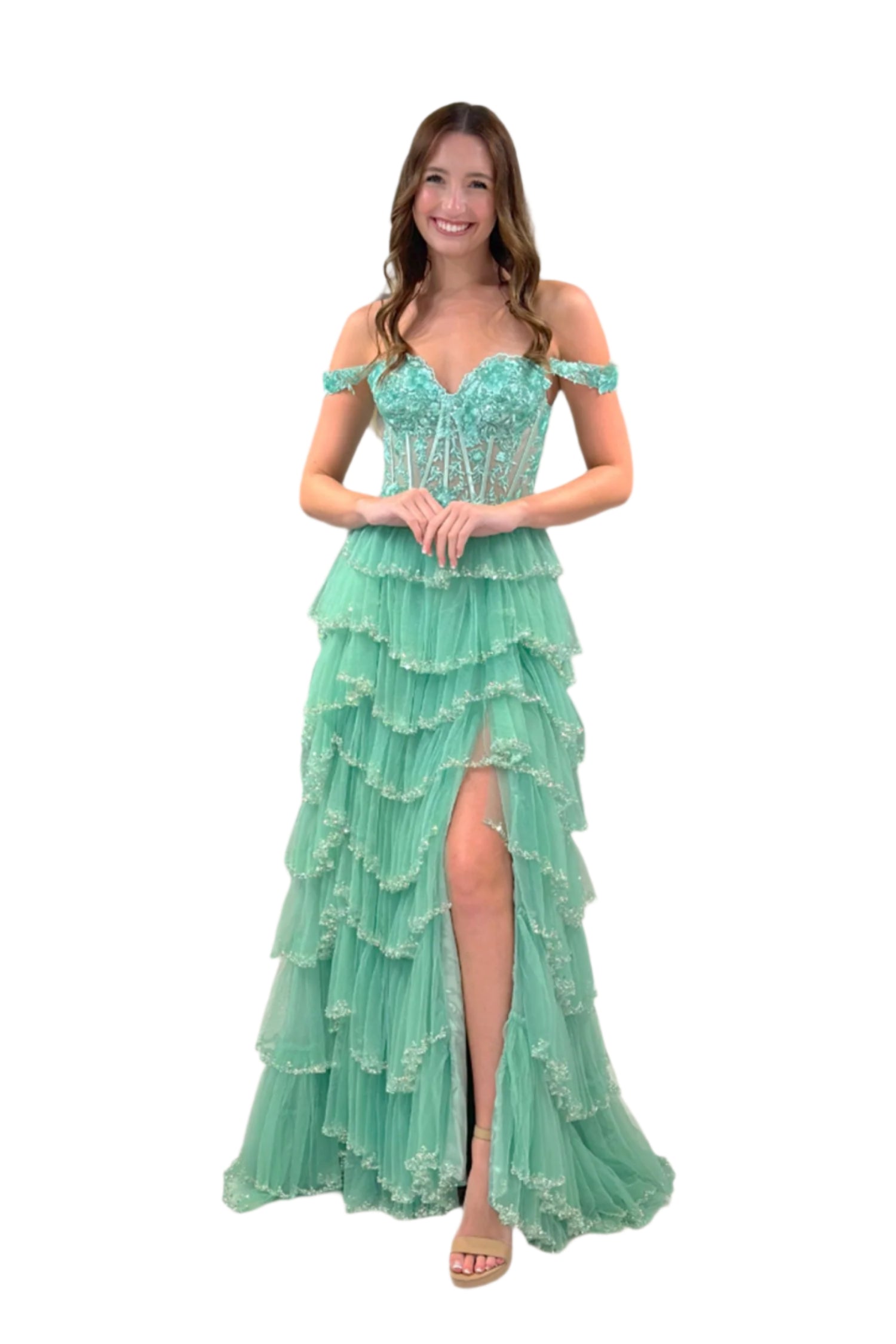Lucci Lu 1432 Size 4 Sage Beaded Layered Prom Dress Maxi Slit Lace Sheer Corset Formal Pageant Gown Lucci Lu 1432 Size 4 Sage Beaded Layered Prom Dress Maxi Slit Lace Sheer Corset Formal Pageant Gown