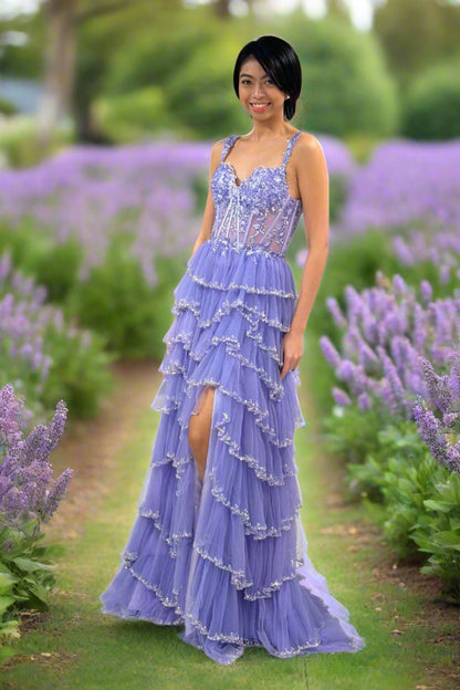 Lucci Lu 1432 Size 8, 18 Dusty Lilac Beaded Layered Prom Dress Maxi Slit Lace Sheer Corset Formal Pageant Gown 8 / Dusty Lilac