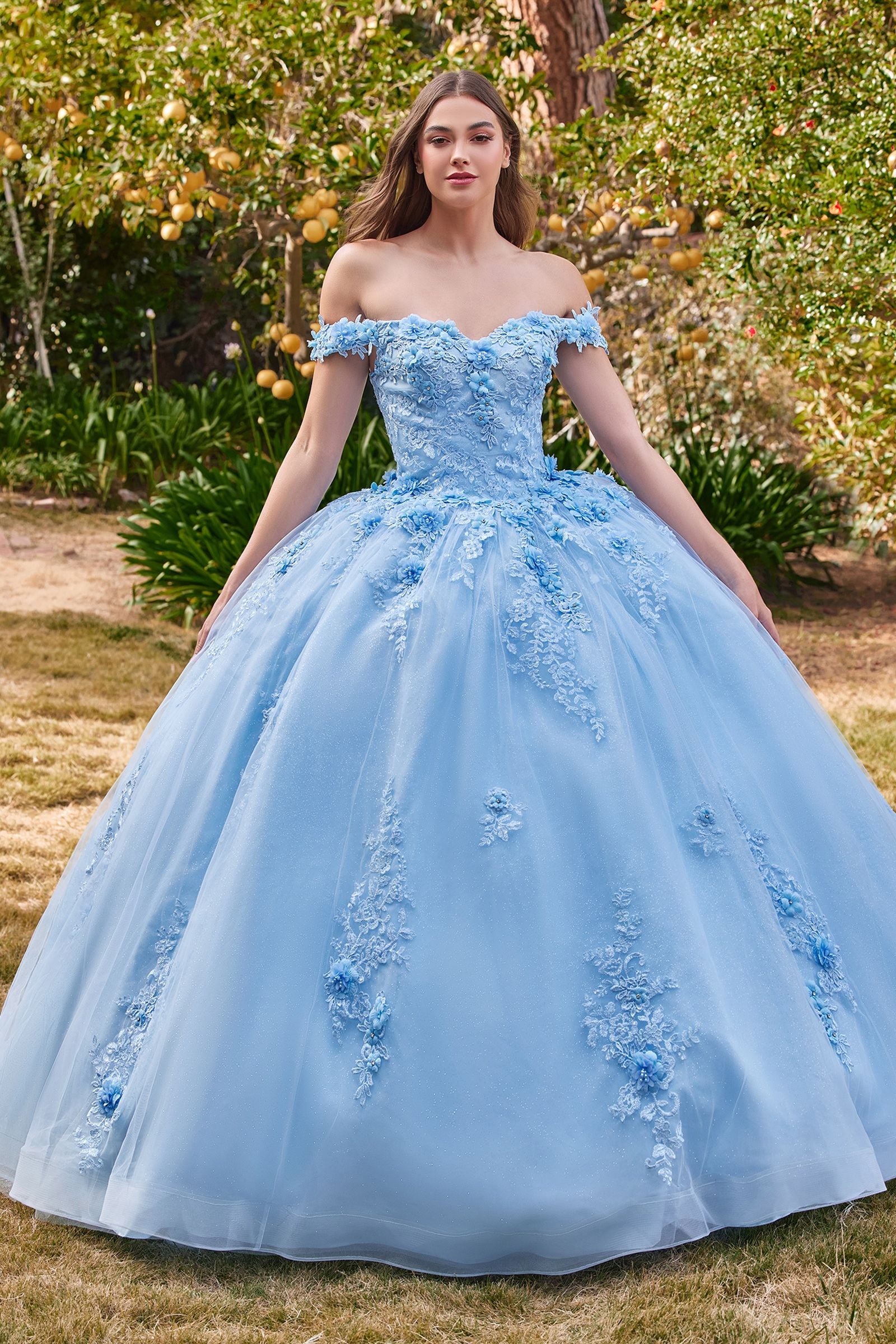Ladivine 15702 Off The Shoulder Lace Quinceanera Ballgown Shimmer Dress Formal Gown M / Light Blue