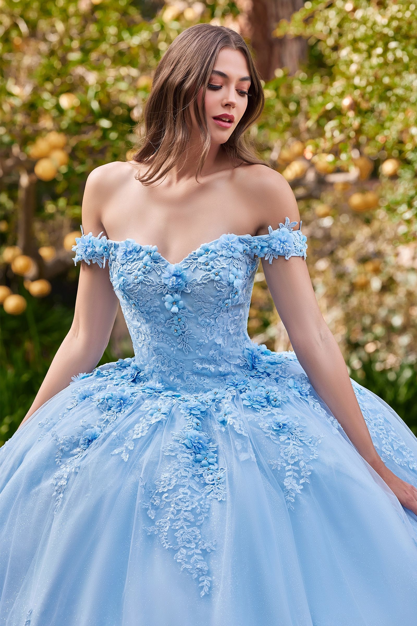 Unleash your inner princess with this Ladivine 15702 Off The Shoulder Shimmer Lace Quinceanera Ballgown Dress Formal Gown! Flaunt your radiant beauty in this romantic, glittery tulle ball gown, featuring a sweetheart neckline and off-shoulder lace and floral appliques. The gorgeous layered skirt sparkles magnificently with floral appliques, and the lace-up corset back closure ensures a perfectly tailored fit. Get ready to look like the belle of the ball!