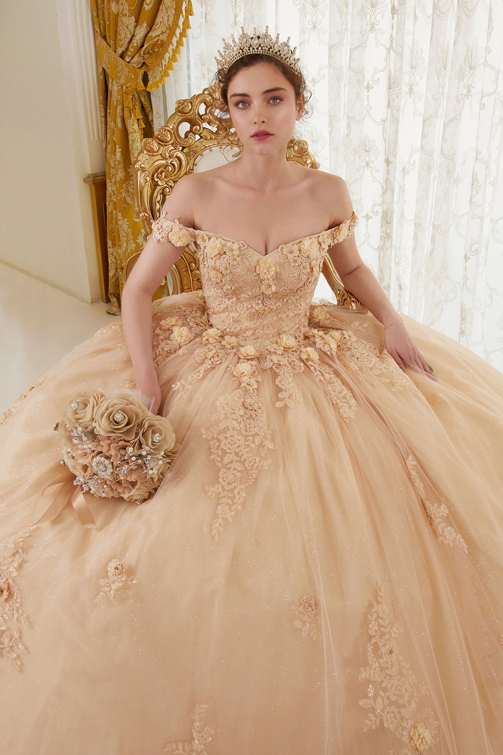 off the shoulder champagne quince dress Cinderella Divine 15702 Ladivine Off Shoulder Quince Ball Gown, Champagne / L