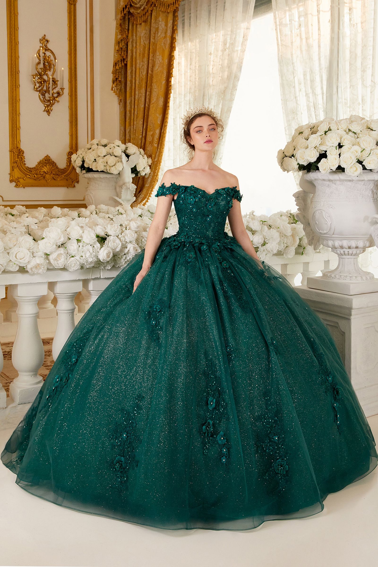 Unleash your inner princess with this Ladivine 15702 Off The Shoulder Shimmer Lace Quinceanera Ballgown Dress Formal Gown! Flaunt your radiant beauty in this romantic, glittery tulle ball gown, featuring a sweetheart neckline and off-shoulder lace and floral appliques. The gorgeous layered skirt sparkles magnificently with floral appliques, and the lace-up corset back closure ensures a perfectly tailored fit. Get ready to look like the belle of the ball!