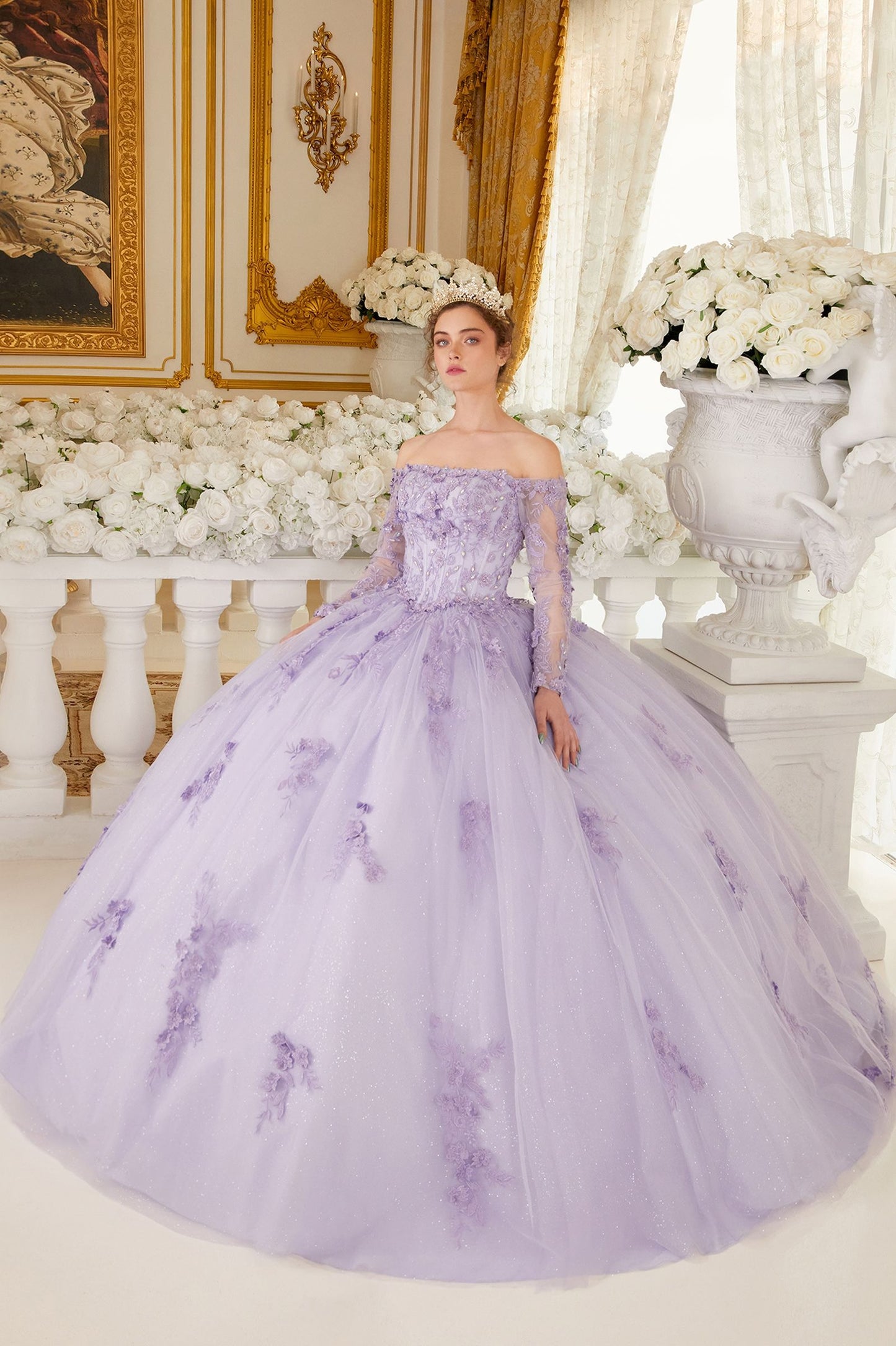 Ladivine 15706 Long Sleeve Lace Corset quinceanera Dress Train Ballgow – Glass Slipper Formals