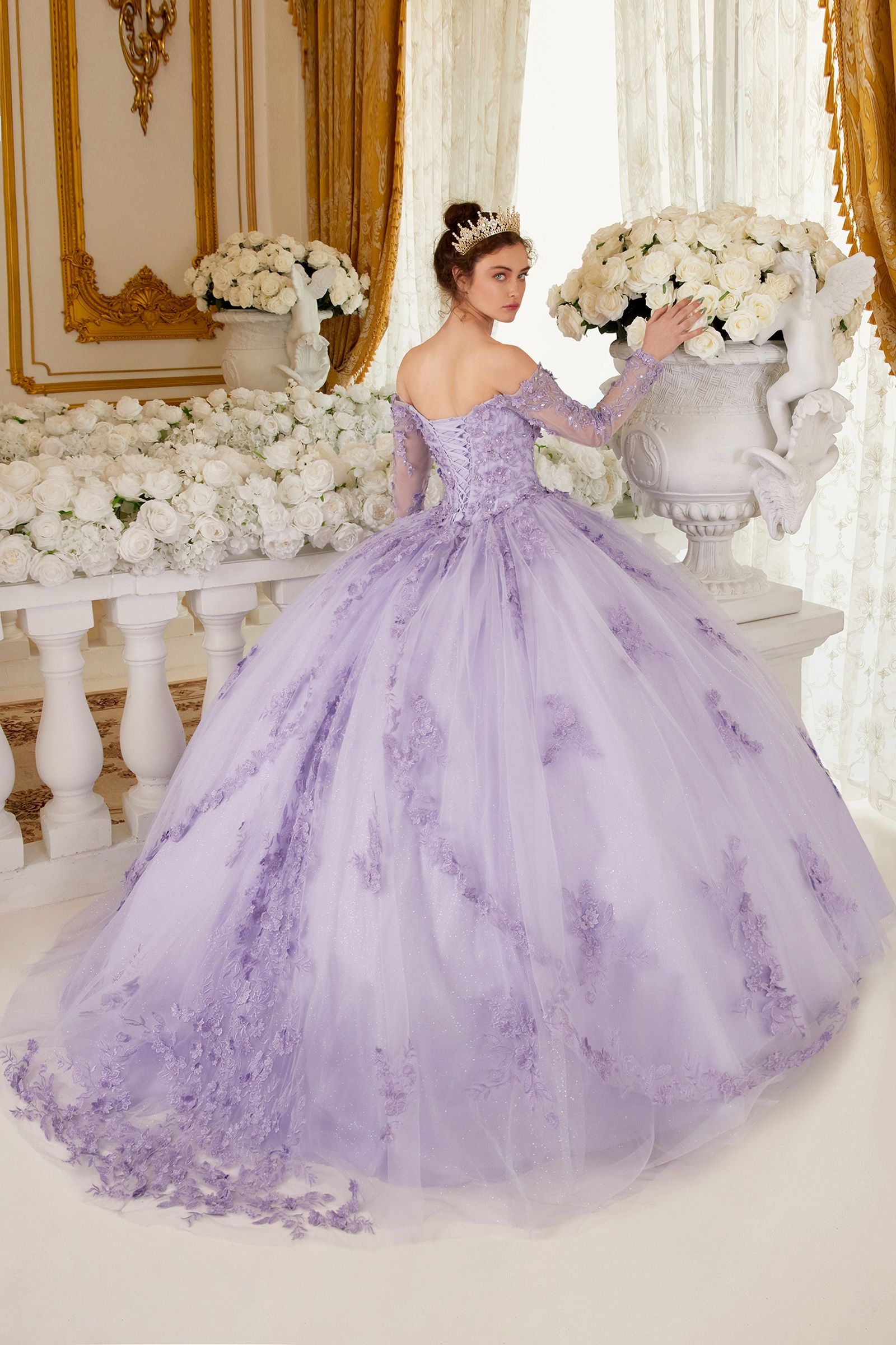 Ladivine 15706 Long Sleeve Lace Corset quinceanera Dress Train Ballgown off the Shoulder 3X / Lilac Ladivine 15706 Long Sleeve Lace Corset quinceanera Dress Train Ballgown off the Shoulder 3X / Lilac