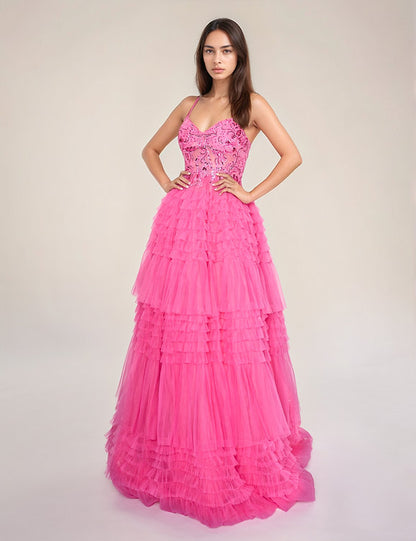 Elevate your formal occasion with the Nina Canacci 1582 ballgown in vibrant fuchsia. This size 4 gown features a sheer lace corset that beautifully contours the silhouette, complemented by delicate pleated ruffles cascading into an elegant A-line skirt. Designed for timeless sophistication, it offers a graceful blend of structure and softness, perfect for making a memorable entrance at prom or any special event.

Size: 4

Color: Fuchsia