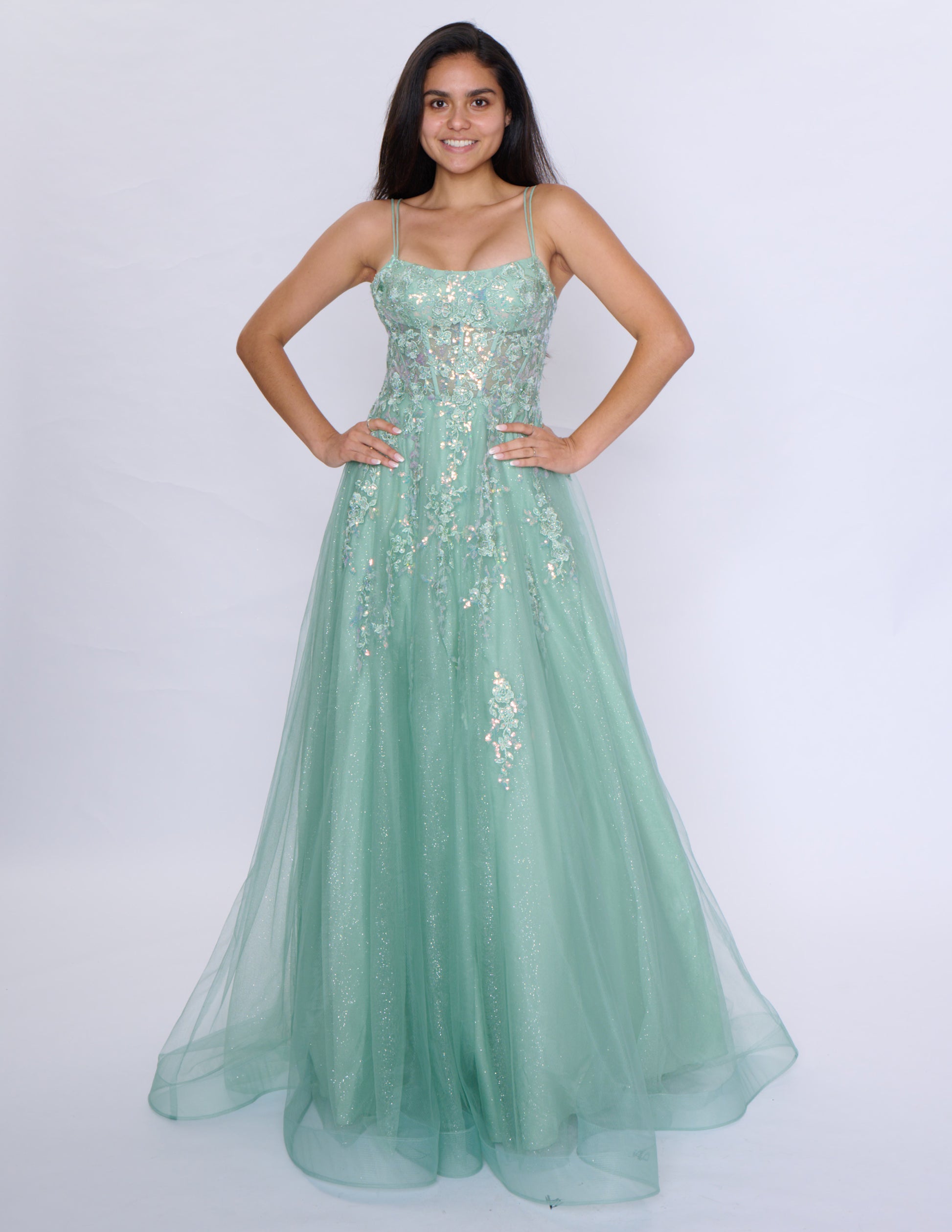 Nina Canacci 1587 Sheer Corset Prom Dress A Line Sequin Scoop neck formal ballgown 18 / Light Blue Nina Canacci 1587 Sheer Corset Prom Dress A Line Sequin Scoop neck formal ballgown 18 / Light Blue