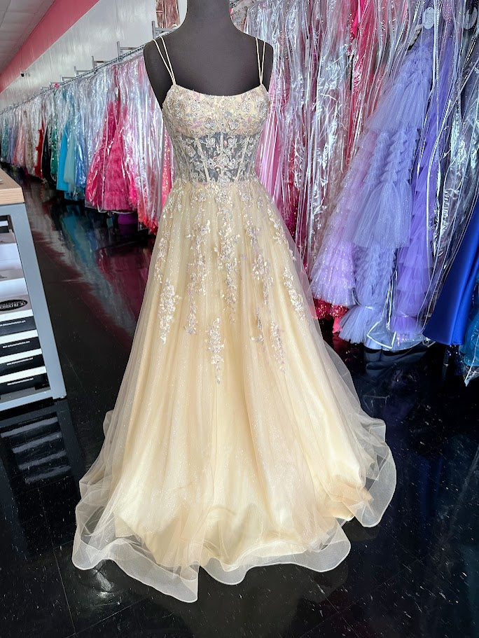 Nina Canacci 1587 Size 4 Champagne Sheer Corset Prom Dress A Line Sequin Scoop neck formal ballgown