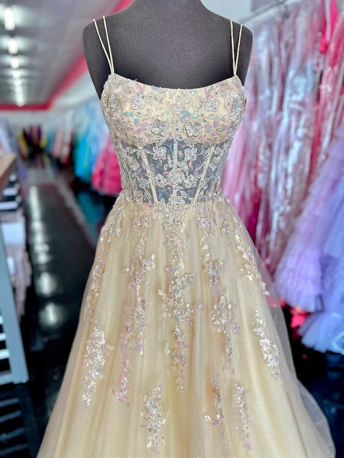 Nina Canacci 1587 Size 4 Champagne Sheer Corset Prom Dress A Line Sequin Scoop neck formal ballgown