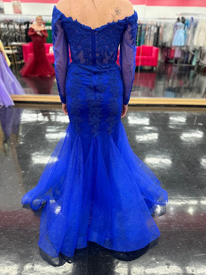 Nina Canacci 1593 Size 4 Royal Shimmer Lace Mermaid Dress Corset Long Sleeve Mother Of Evening Gown