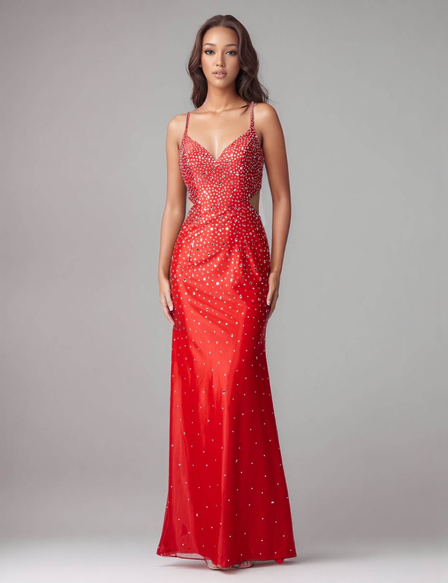 This Nina Canacci design showcases masterful construction with its signature cut glass mirror embellishments that deliver exceptional light refraction and visual depth. The mermaid silhouette provides a refined fit through the bodice and hips, transitioning into a graceful sweep. The backless cut demonstrates confident design, offering both architectural interest and modern elegance. Crafted for discerning customers who appreciate quality craftsmanship and timeless formal wear that commands attention.

Size