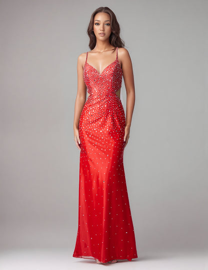 This Nina Canacci design showcases masterful construction with its signature cut glass mirror embellishments that deliver exceptional light refraction and visual depth. The mermaid silhouette provides a refined fit through the bodice and hips, transitioning into a graceful sweep. The backless cut demonstrates confident design, offering both architectural interest and modern elegance. Crafted for discerning customers who appreciate quality craftsmanship and timeless formal wear that commands attention.

Size