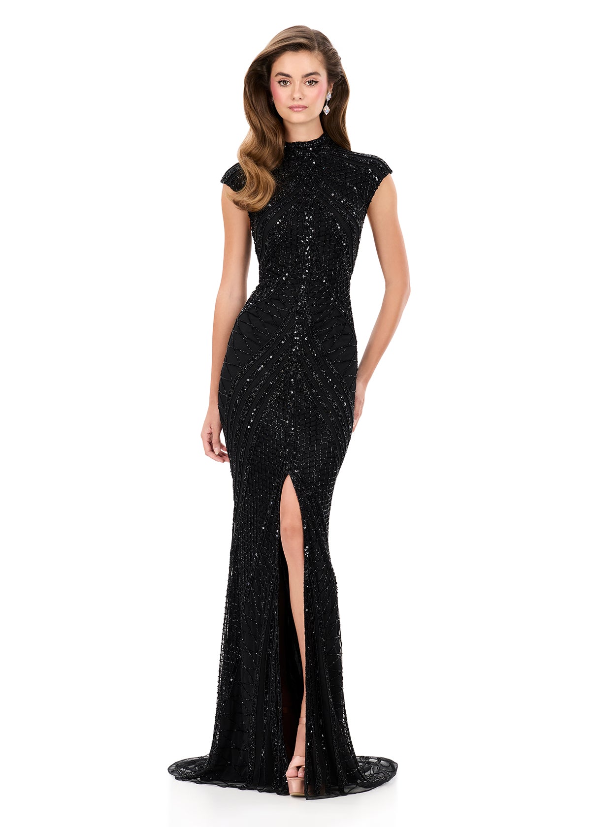 Ashley Lauren 1624 Cap Sleeve Beaded Evening Gown