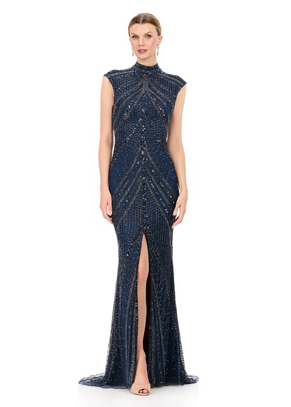 ASHLEYlauren 1624 Size 4 Black Evening Gown Center Slit Cap Sleeves
