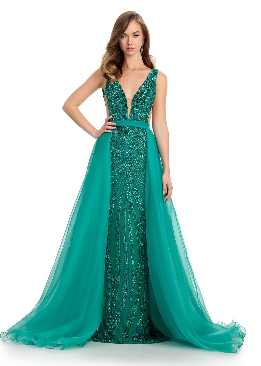 Ashley Lauren 1740  Long Organza Pageant Overskirt Wire Hem Layered Train Detachable