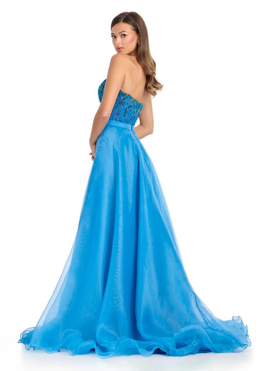Ashley Lauren 1740 Size 8 Peacock Long Organza Pageant Overskirt Wire Hem Layered Train Detachable