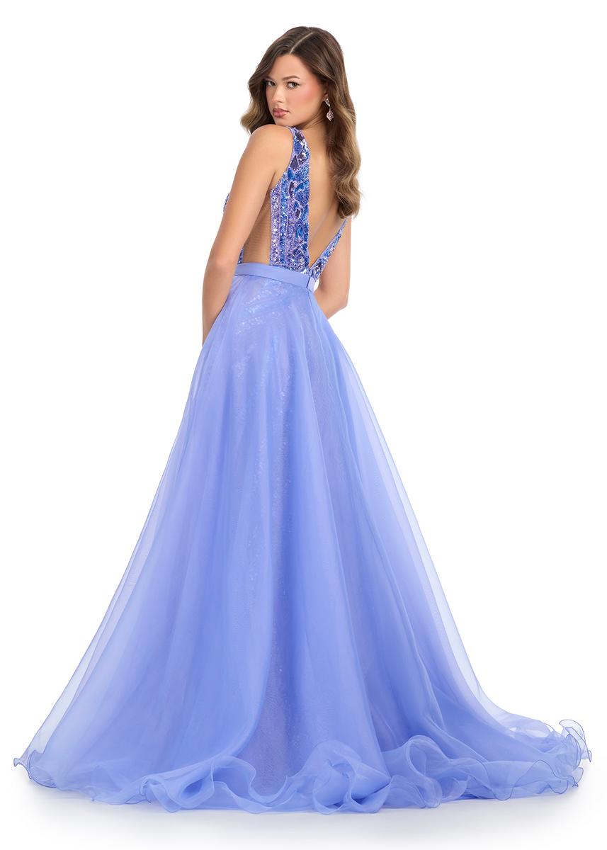 Ashley Lauren 1740 Size 2, 12 Periwinkle Overskirt Wire Hem Layered Train Detachable