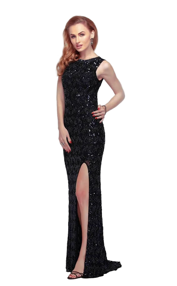 Primavera Couture 1886 Fully beaded black/multi formal evening dress with a high neckline and an open drape back. This Prom Dress &amp; Pageant Gown Feature a slit in the column skirt. plus size slit formal evening gown

&nbsp;Available in Size 6,&nbsp; Black (Multi Colored Beading)