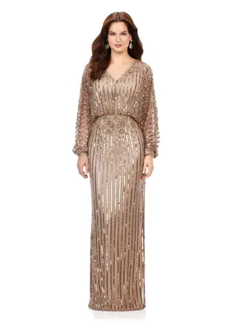 Ashley Lauren 11302 Dolman Sleeve V-Neck Fully Hand Beaded Floral Pattern Waistline Gown. This stunning sequin gown features gorgeous beading throughout and an elegant floral pattern at the waistline. With dolman sleeves, this v-neckline gown is perfect for your next event.
